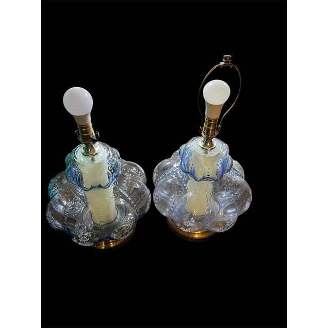 1950s Pair of Mid-Century Modern Murano Style Blue Bullicante Glass Lamps For Sale - Image 9 of 12