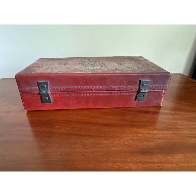 Wood Antique Late Qing–Early Republic Chinese Red Leather Wedding Box With Double Happiness Motif, C. 1900 For Sale - Image 7 of 12