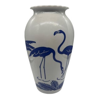 Mid Century Blue Flamingo Milk Glass Vase by Anchor Hocking Vitrock For Sale