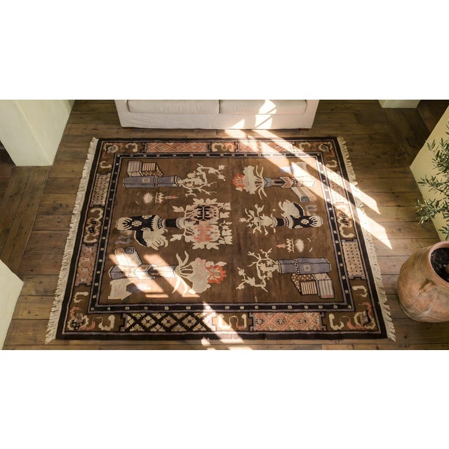 1920s Brown Floral Vase Antique Chinese Bao Tou Rug 4' 2'' X 6' 6'' Knotted Wool Carpet For Sale - Image 11 of 12