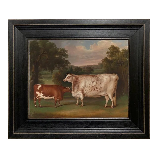Prize Cattle in Landscape Framed Oil Painting Print on Canvas in Distressed Black Solid Wood Frame- an 8" X 10" Framed to 11-1/2" X 13-1/2" For Sale