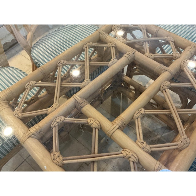 MCM Rattan Bamboo Dining Room Table Set 6 Chairs Glass Top Green Cushions For Sale - Image 4 of 12