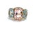 Christina Addison Elegant 18kt Yellow Gold Three Stone Ring with Light Pink Topaz center stone and Blue Topaz side stones...