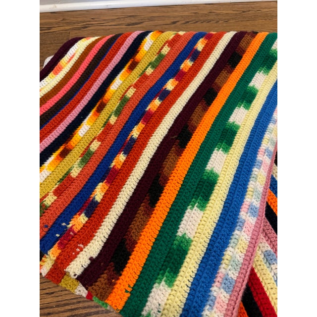 Mid-Century Modern Mid 20th Century Hand Crocheted Large Rainbow Afghan Blanket For Sale - Image 3 of 11