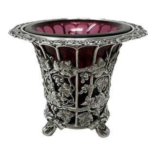 Antique French Sterling Silver Vase Centerpiece Cranberry Glass Poss. Baccarat 19c For Sale