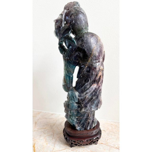 Blue Antique Chinese Qing Dynasty 8.4lb Rainbow Fluorite Carved Lady Figure W/ Stand For Sale - Image 8 of 12
