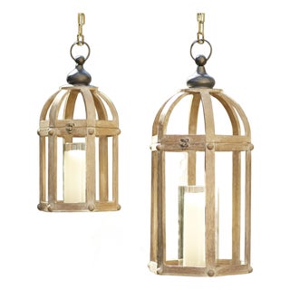 Open Wood Lantern with Glass Hurricane - Set of 2 For Sale
