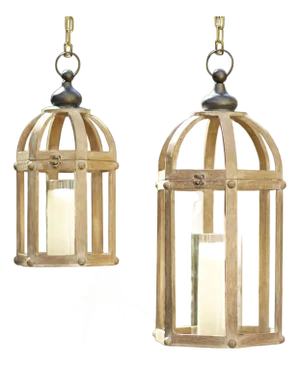Open Wood Lantern with Glass Hurricane - Set of 2
