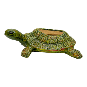 Whimsical Mid-Century Hand-Glazed Ceramic Turtle Planter
