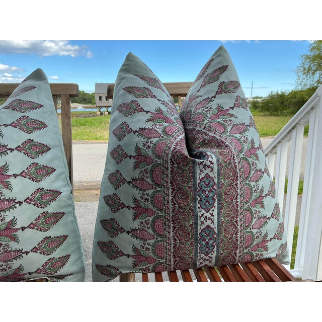Mid-Century Modern Thibaut Akola Stripe Raspberry and Teal Indienne Designer Pillow Covers — 22" Pair For Sale - Image 3 of 7