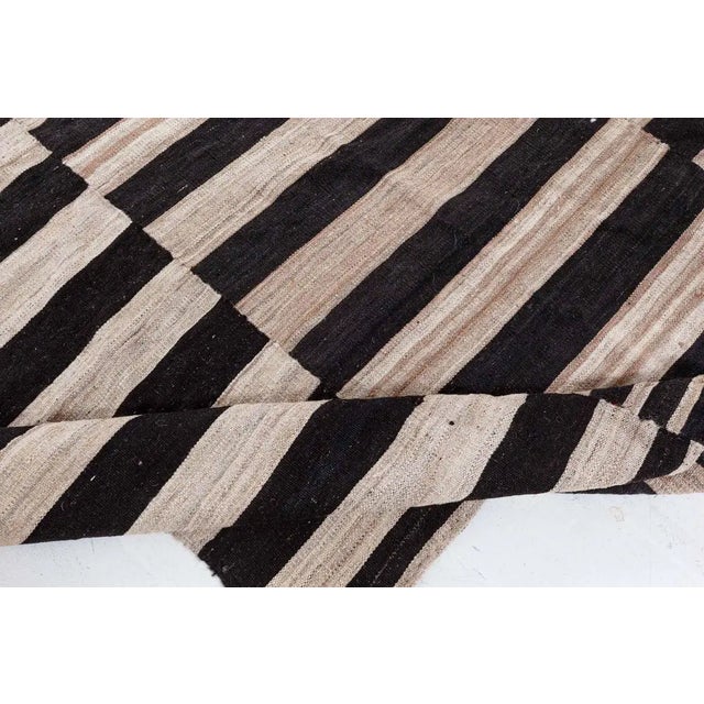 Tribal Doris Leslie Blau Vintage Striped Ivory And Charcoal Hand-Knotted Wool Rug For Sale - Image 3 of 8