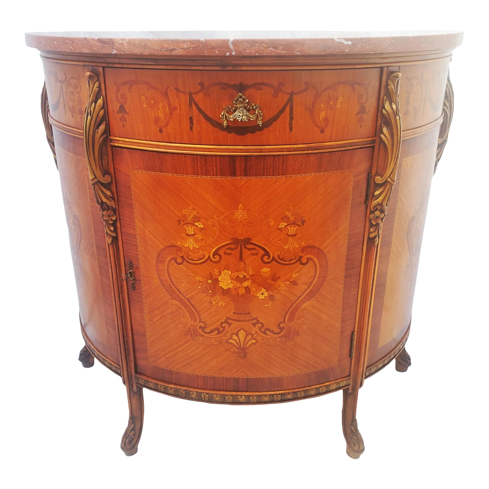 Antique 1920s Carved Inlaid Marble Top French Style Demilune Entryway Cabinet | Chairish