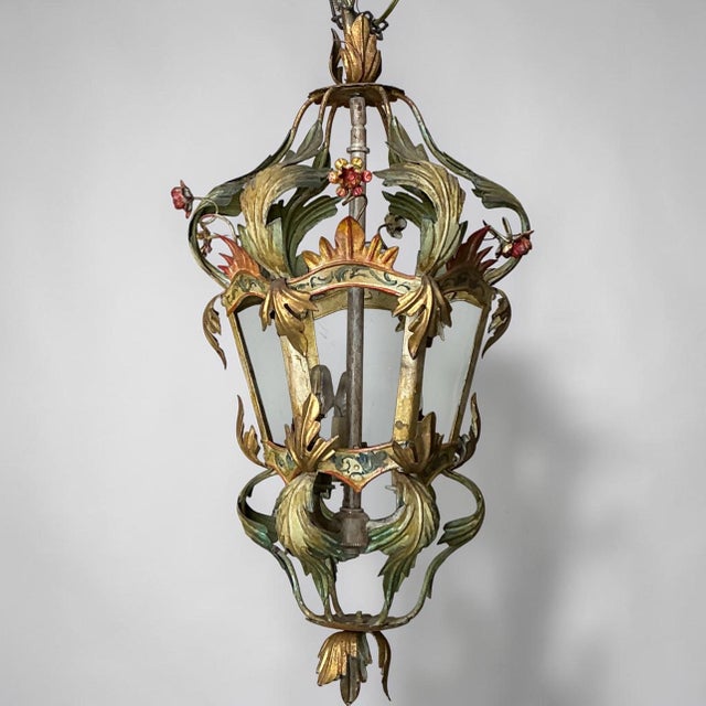 Hollywood Regency Italian Floral Tole Painted Lantern / Chandelier - 3 Lights For Sale - Image 4 of 5