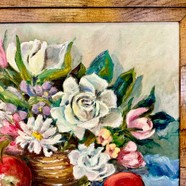 1960s Original Oil Painting Impressionist Red Bottle & Flora Still Life by Edith Weir For Sale - Image 13 of 13