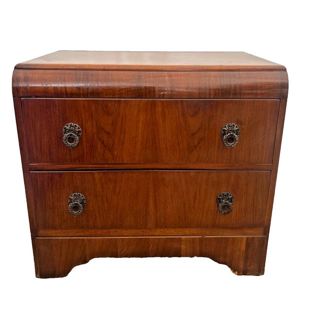 Vintage Art Deco Style Dresser Chest Two Drawers, Waterfall Top, Mirror For Sale - Image 4 of 14