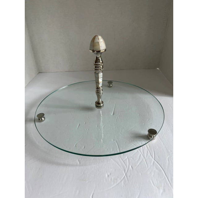 1990s Glass and Metal Serving Tray With Bone Handle For Sale - Image 5 of 5