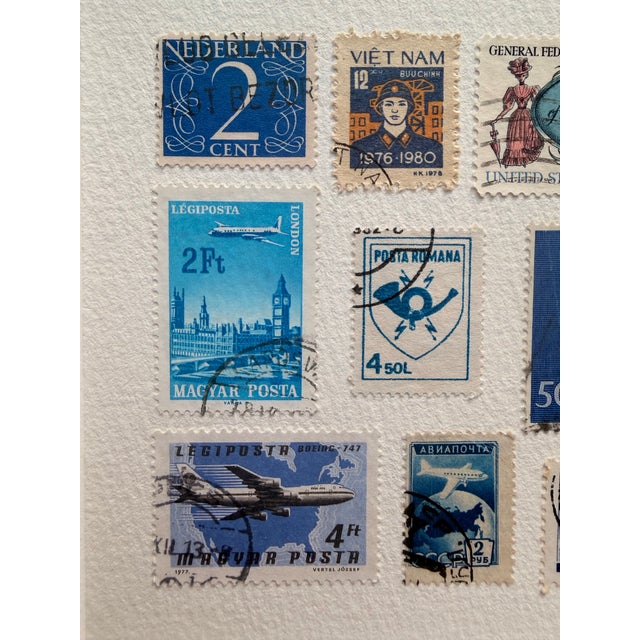 2020s Framed Vintage Postage Stamp Collage, Petites Couleurs: Bleu For Sale - Image 5 of 11