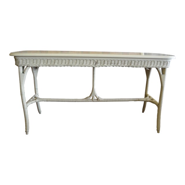 1970s Vintage Cream Wicker & Wood Long Oval Top Console Hall Sofa Table Patio For Sale