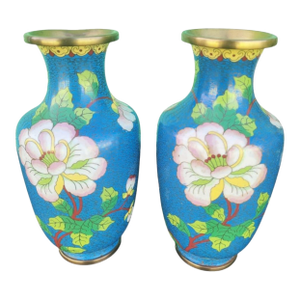 Vintage Brass Blue Green Floral Cloissonne Urn Vases- A Pair