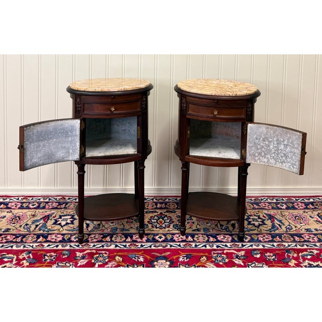 Antique Pair French Louis XVI Style Marble Top NIghtstands End Tables c.1920s-30 For Sale - Image 4 of 18