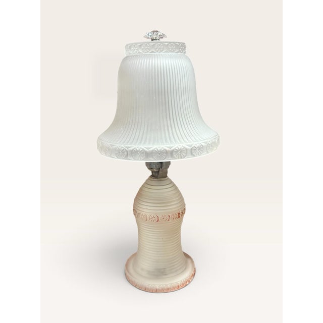 Art Deco Vintage Art Deco Style Frosted Glass Ribbed Table Lamp With Matching Shade For Sale - Image 3 of 11