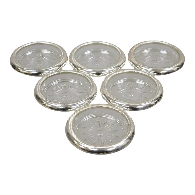 Vintage Regency Style Crystal Coasters With Sterling Silver Rims by Crown- 6 Pieces For Sale