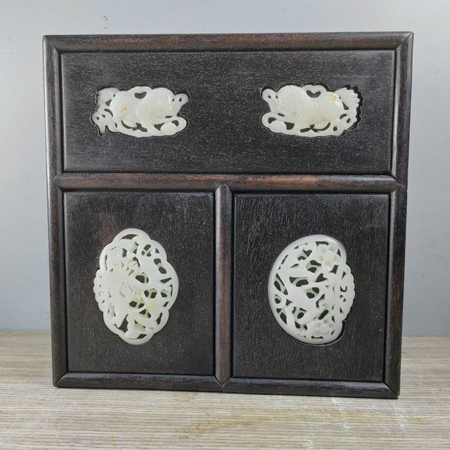 Wood Chinese Rosewood Box Inlaid With White Jade Plaques For Sale - Image 7 of 9