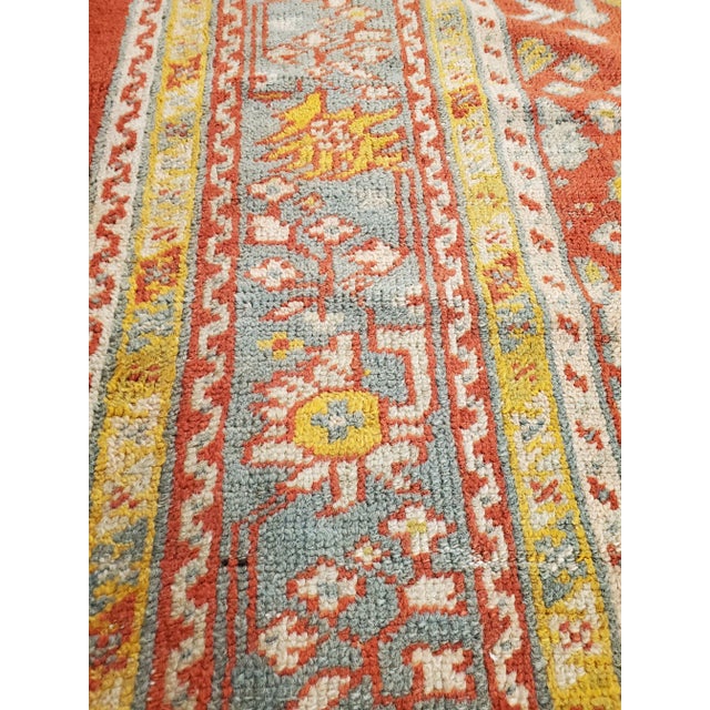 Textile Late 19th Century Antique Oushak Carpet, Oriental Rug, Handmade Rug Saffron, Light Blue and Coral For Sale - Image 7 of 9