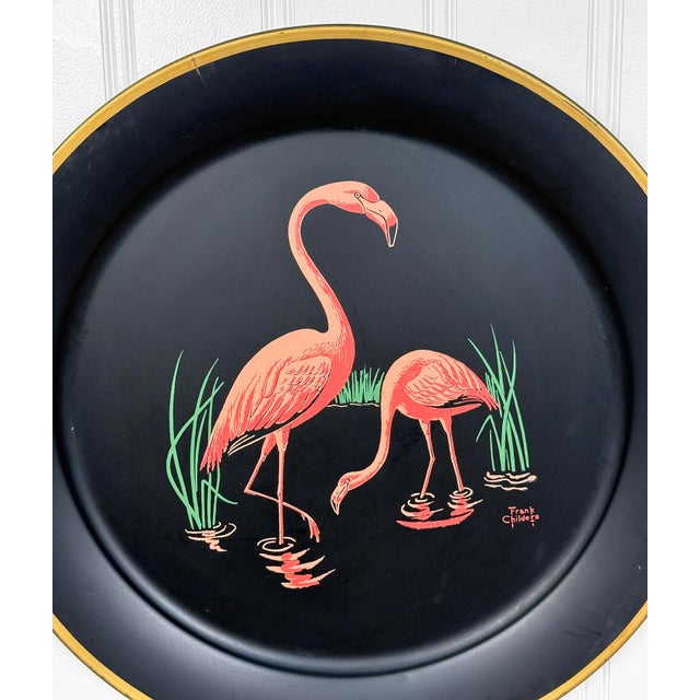 Mid-Century Florida Regency Flamingo Metal Round Serving Tray Wall Art - 19" For Sale - Image 4 of 9