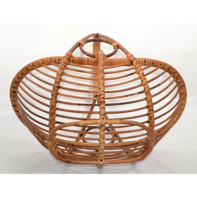 Mid 20th Century Bohemian Open Weave Hand-Crafted Reed Caning Bamboo Magazine Basket For Sale - Image 9 of 12