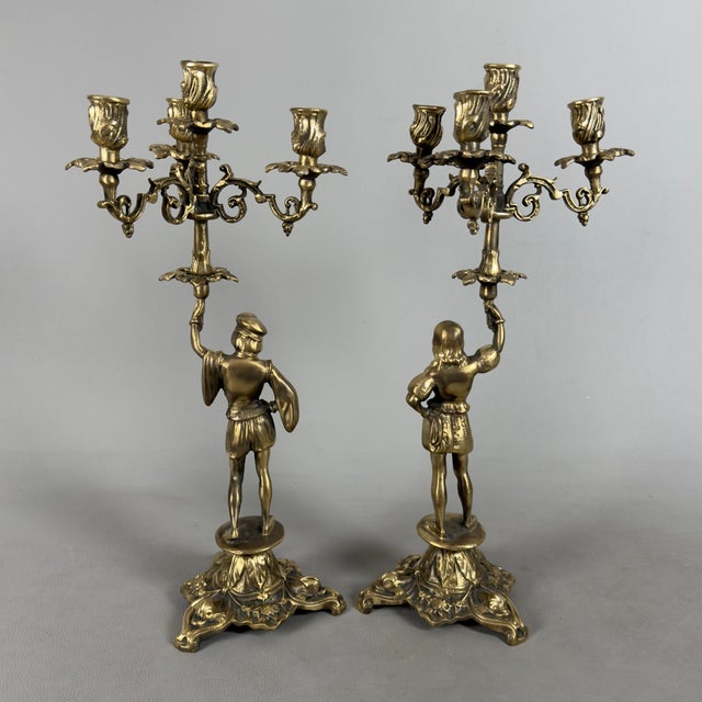 Renaissance Revival Brass Candelabras with Noble Figures, 1960s, Set of 2 For Sale - Image 4 of 15