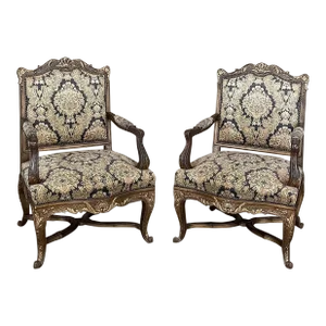 Pair Antique French Louis XIV Hand-Carved Armchairs