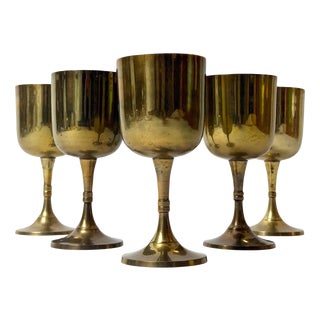 Vintage Brass Wine Goblets with Worn Silvered Interiors, 1960s, Set of 5 For Sale