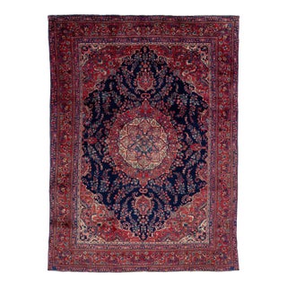 Vintage Rug, 100% Hand-Knotted Wool, Traditional Indigo Blue & Crimson Red Medallion Carpet For Sale