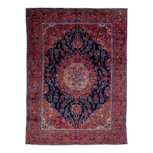 Vintage Rug, 100% Hand-Knotted Wool, Traditional Indigo Blue & Crimson Red Medallion Carpet