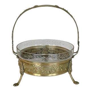 Mid-Century French Neoclassical Brass & Etched Glass Footed Centerpiece For Sale