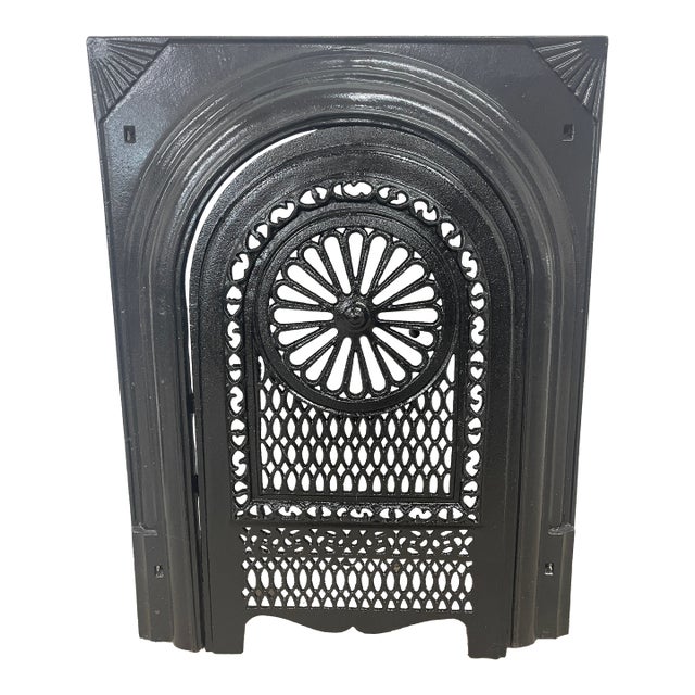 Late 19th Century Cast Iron Fireplace & Insert With Sunburst Spandrels & Mounting Slots 27" X 21.25" For Sale