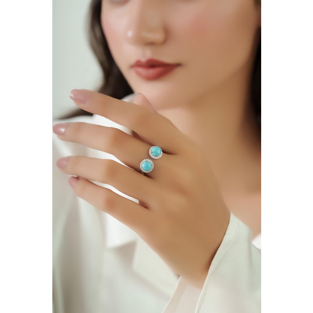 Turquoise Modern Luxe 1.62ct Turquoise Diamond Toi Et Moi Open Ring in 14k Gold Szie 4 For Sale - Image 8 of 15