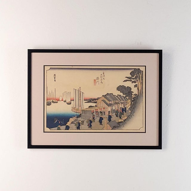 Paper Hiroshige Woodblock Print, View of Shinagawa, Probably Vintage For Sale - Image 7 of 7