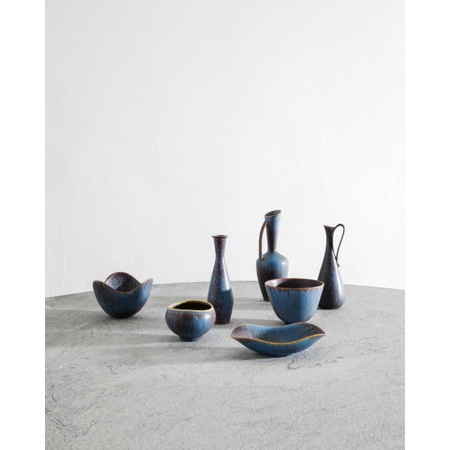 Mid-Century Swedish Blue Brown Ceramic Bowls and Vases by Gunnar Nylund for Rörstrand, 1950s, Set of 7 For Sale - Image 6 of 7