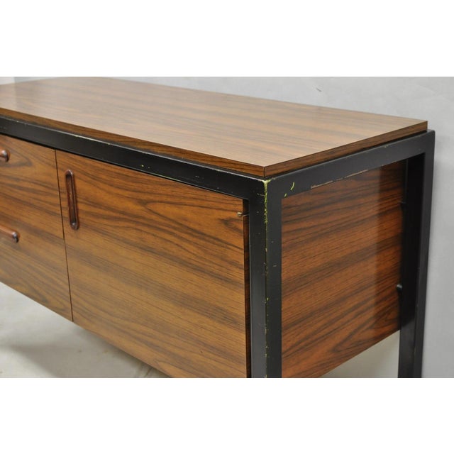 Vintage Mid Century Modern Faux Rosewood Laminate Steel Metal Credenza Cabinet For Sale - Image 11 of 17
