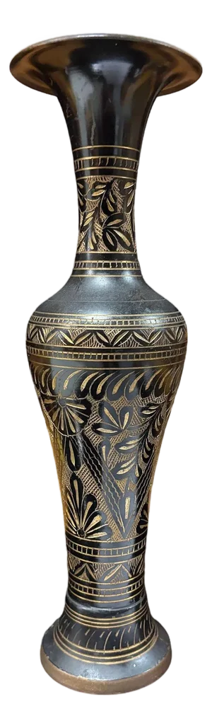 1960s Indian Hand Etched Black Cloisonne Brass Floral Vase