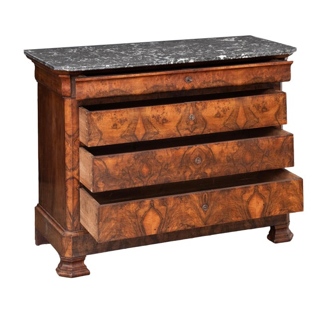 French French Louis Philippe Chest or Commode of Burr Walnut With Marble Top For Sale - Image 3 of 12