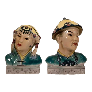 Goldscheider Japanese Hand Painted Porcelain Mid Century Modern Busts - A Pair
