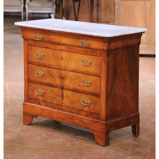 19th Century French Louis Philippe Walnut Commode Chest With White Marble Top For Sale - Image 4 of 11