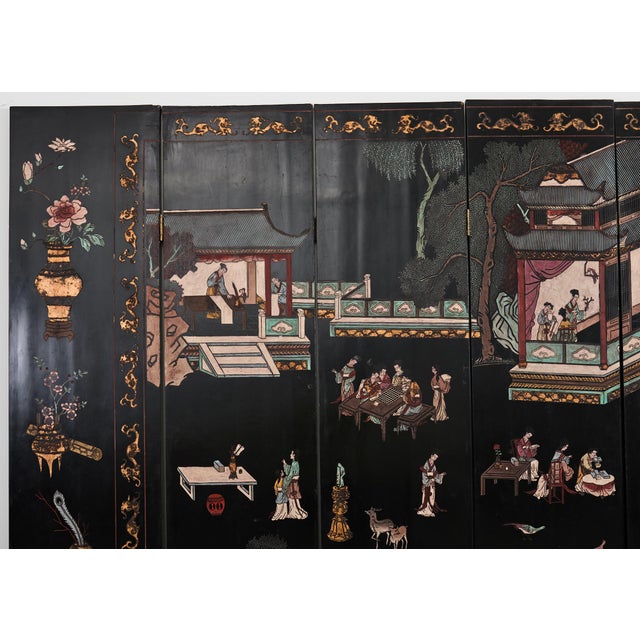 Black Chinese Export Eight Panel Coromandel Screen Pagoda Courtyard For Sale - Image 8 of 12