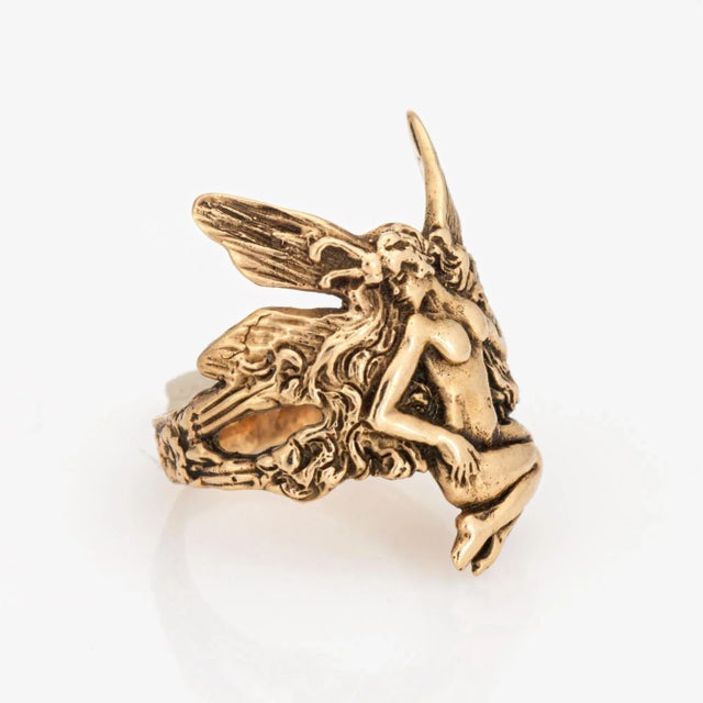 Modern Winged Fairy Ring Vintage 14k Yellow Gold Nymph Sz 5 Ethereal Fine Jewelry For Sale - Image 3 of 7