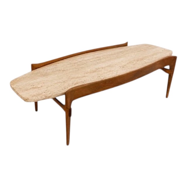 Bertha Schaefer 1950s Organic Modern Walnut & Travertine Floating Coffee Table by Bertha Schaefer Singer & Sons For Sale - Image 4 of 4
