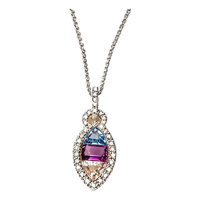 Late 20th Century 14K White Gold Amethyst Topaz Sapphire Diamond Necklace Pendant For Sale