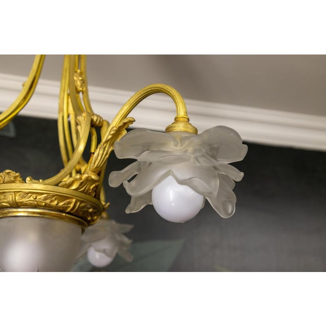 French Neoclassical Style Bronze and Frosted Glass Four-Light Chandelier, 1920 For Sale - Image 9 of 18